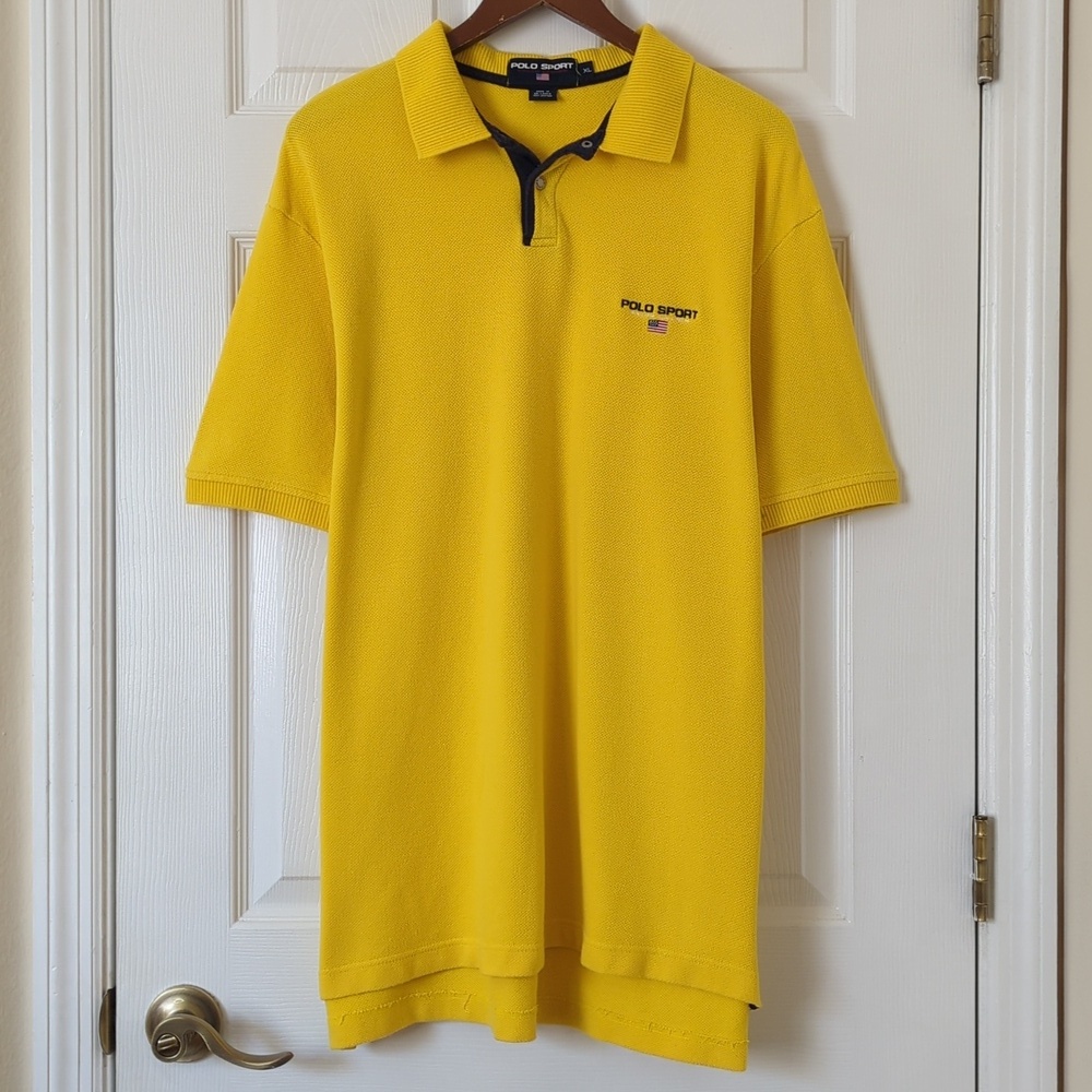 Polo Sport Ralph Lauren 90's Vintage Classic Short Sleeve Henley Shirt Yellow XL - Picture 1 of 11